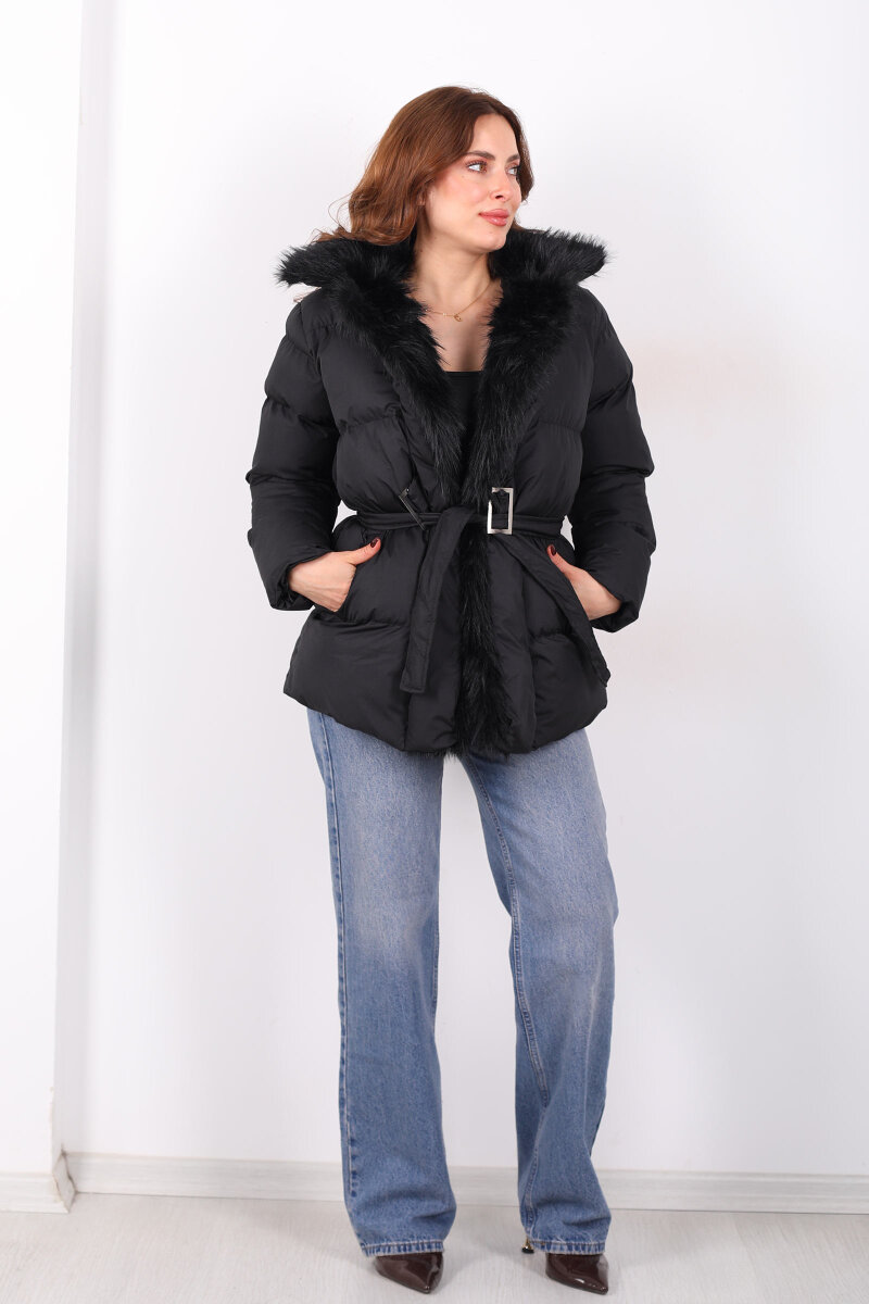 Mikro Siyah Kadın Kürklü Mont - 7