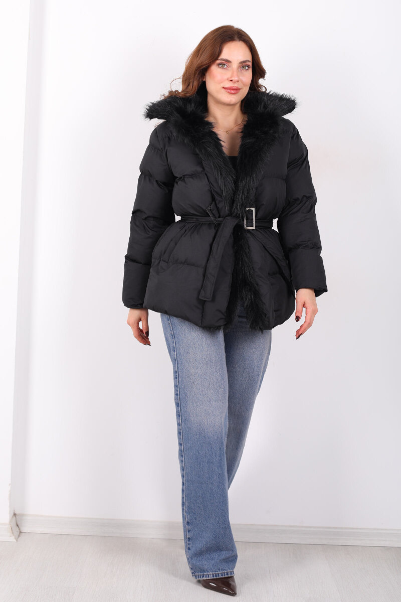 Mikro Siyah Kadın Kürklü Mont - 3