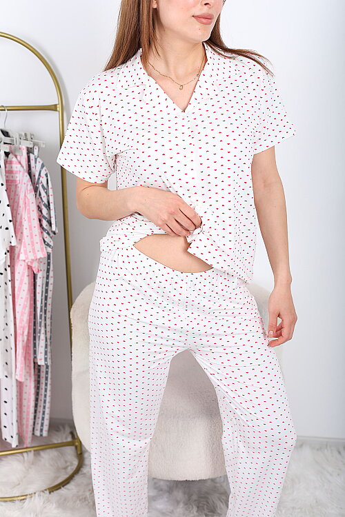 Mini Kalpli Düğmeli Beyaz Kadın Pijama Takımı - Berox (1)