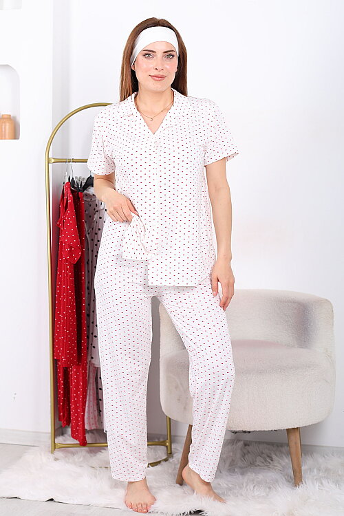 Mini Kalpli Düğmeli Beyaz Kadın Pijama Takımı - 3