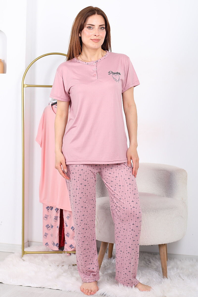 Mini Kalpli Gül Kurusu Kadın Yarım Düğmeli Pijama Takımı - 4