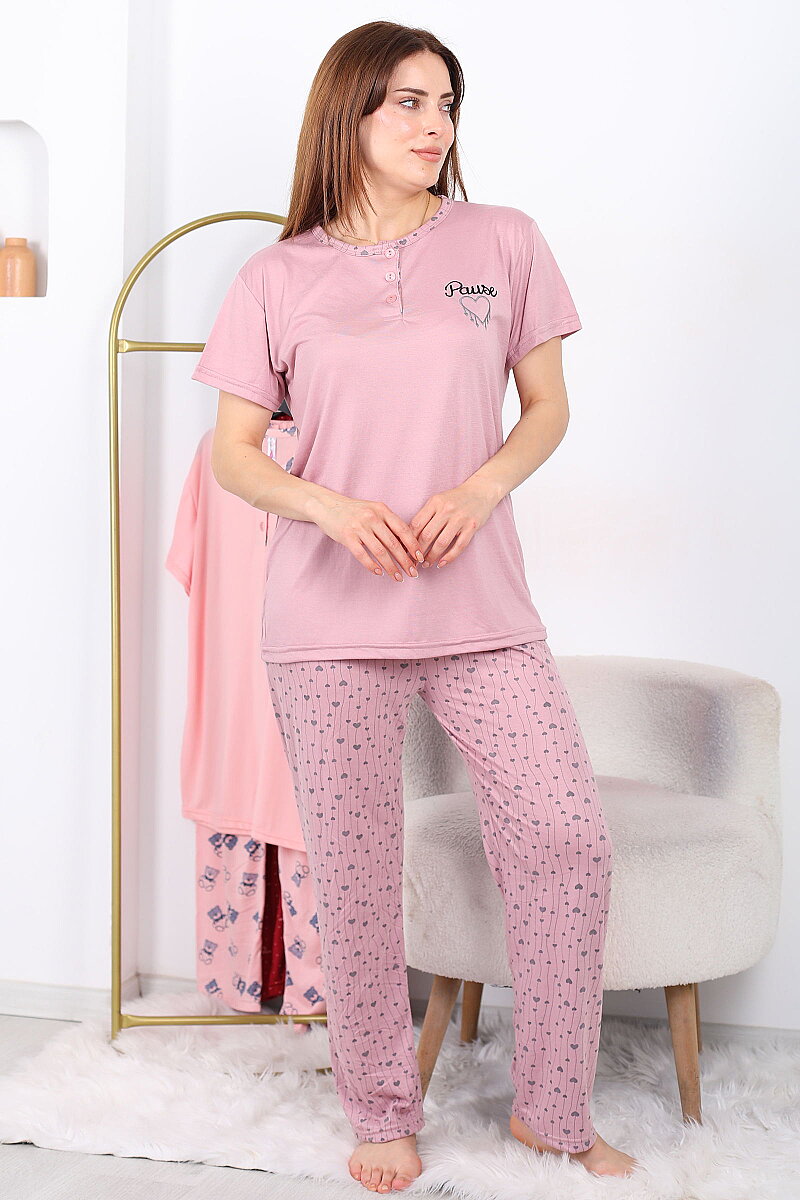 Mini Kalpli Gül Kurusu Kadın Yarım Düğmeli Pijama Takımı - 1