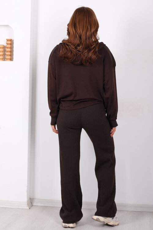 Modal Garnili Fitilli Kadın Kahverengi Triko Takım - 5