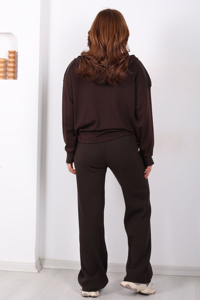 Modal Garnili Fitilli Kadın Kahverengi Triko Takım - 5