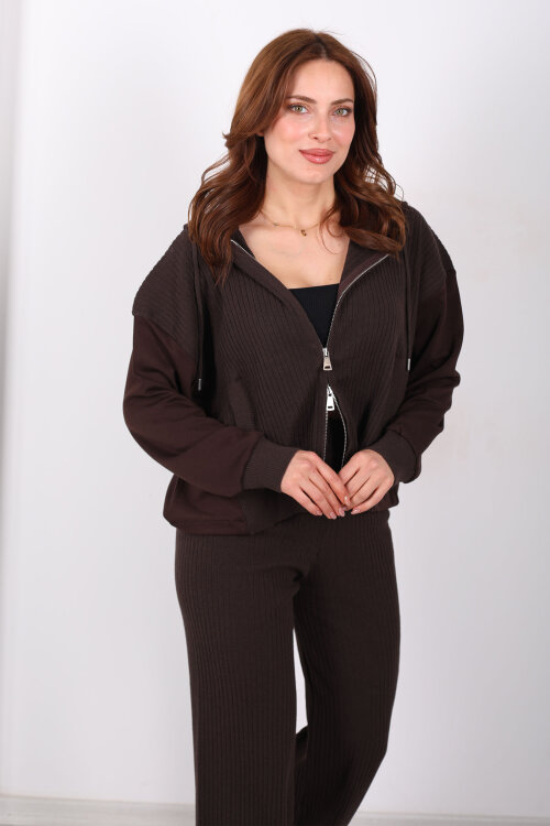 Modal Garnili Fitilli Kadın Kahverengi Triko Takım - 3