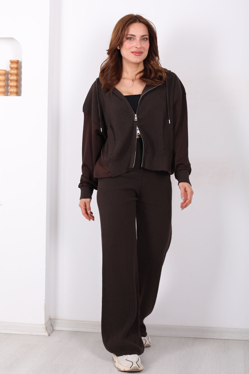 Modal Garnili Fitilli Kadın Kahverengi Triko Takım - 7