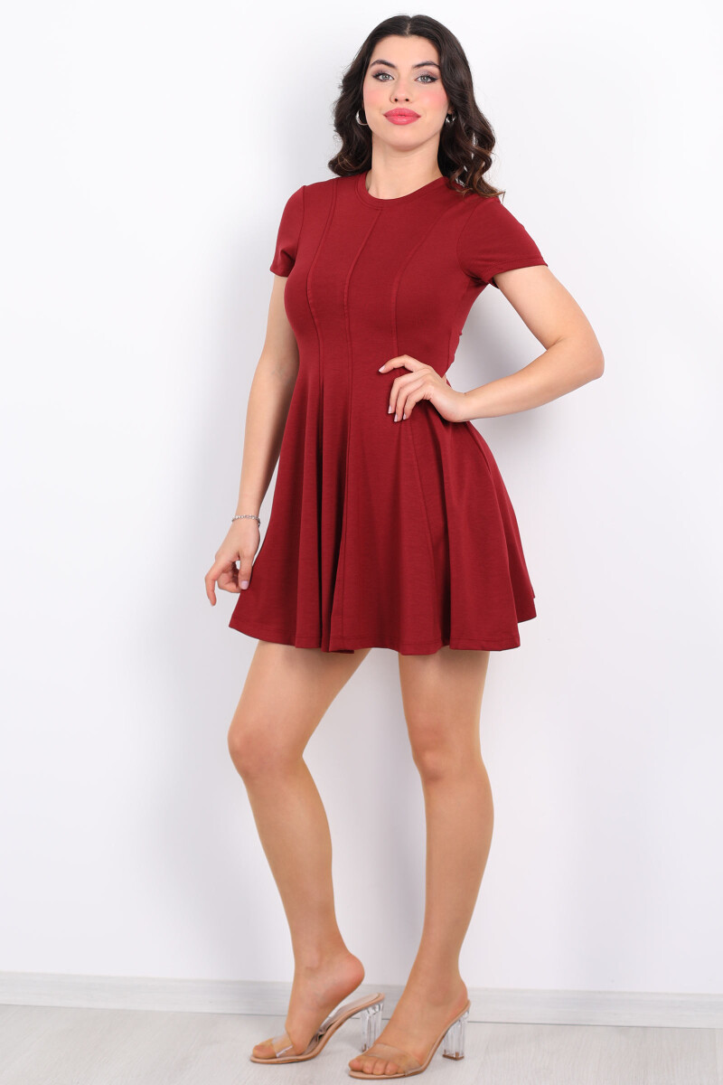 Modal Önü Çimalı Kısa Kol Mini Bordo Kadın Elbise - 3