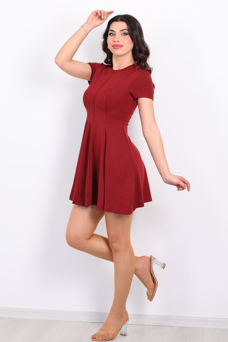 Modal Önü Çimalı Kısa Kol Mini Bordo Kadın Elbise - 1