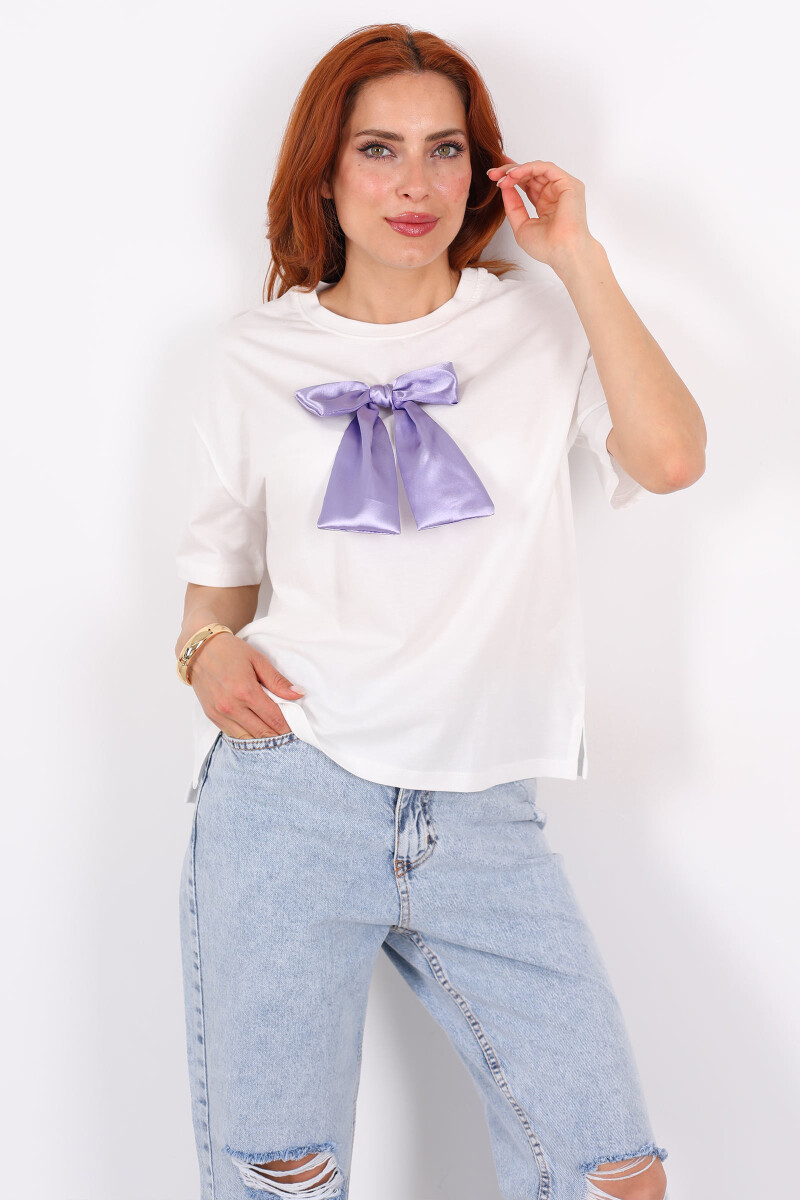 Mor Kurdeleli Bisiklet Yaka Oversize Kadın T-Shirt - 3