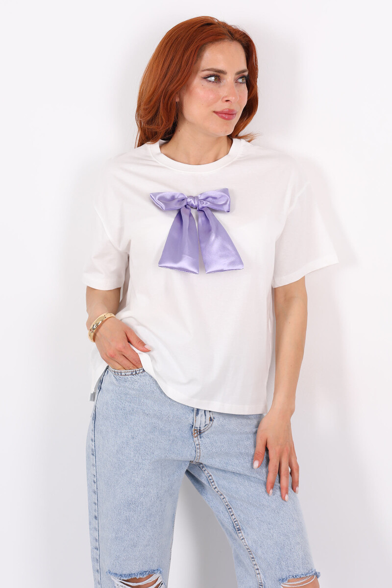 Mor Kurdeleli Bisiklet Yaka Oversize Kadın T-Shirt - 1