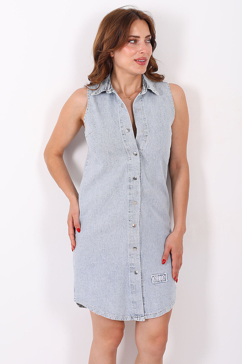 Nakış Detay Kolsuz Patlı Kar Yıkama Mavi Kadın Denim Elbise - 6