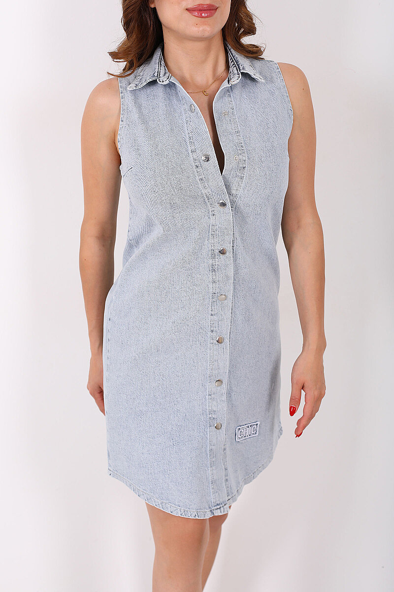 Nakış Detay Kolsuz Patlı Kar Yıkama Mavi Kadın Denim Elbise - 2