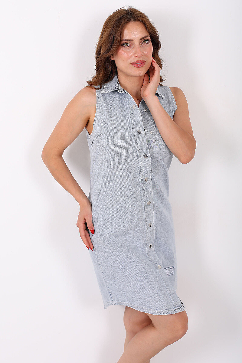 Nakış Detay Kolsuz Patlı Kar Yıkama Mavi Kadın Denim Elbise - 1