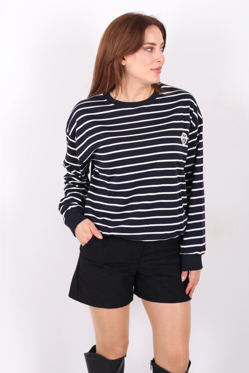 Nakış Detaylı Çizgili Kadın Lacivert Sweatshirt - 6