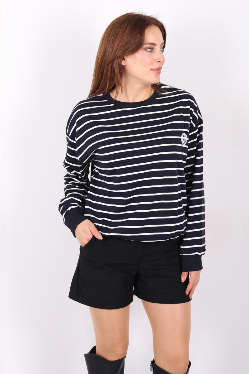 Nakış Detaylı Çizgili Kadın Lacivert Sweatshirt - 6