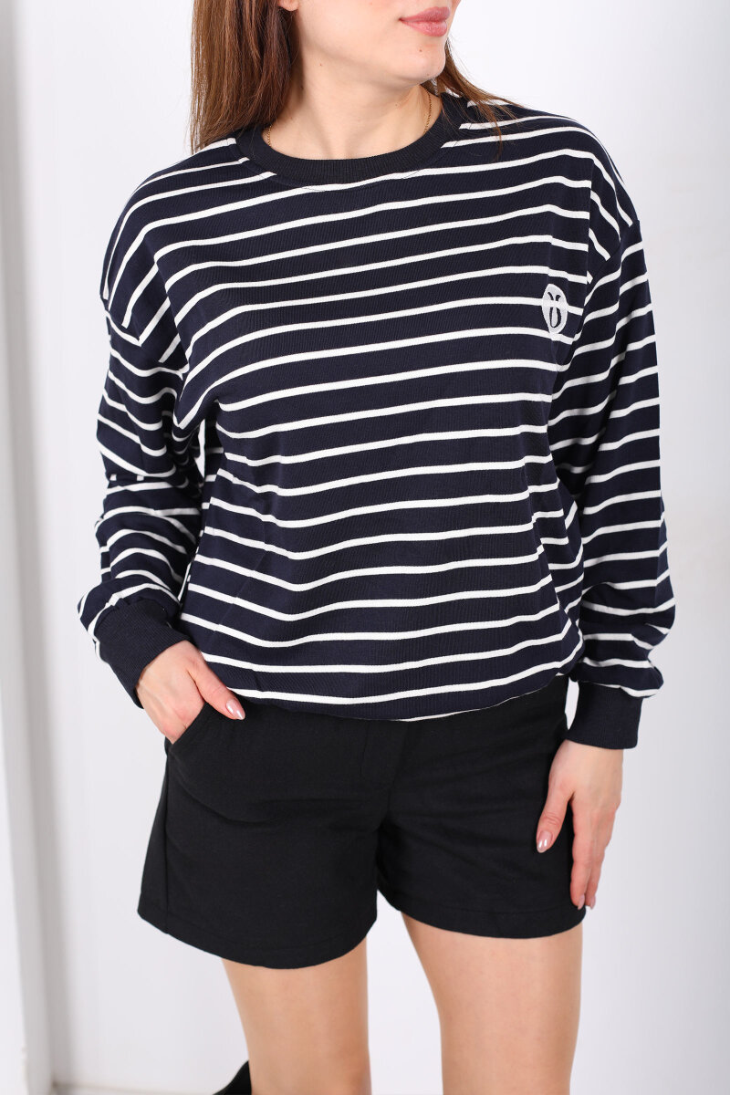 Nakış Detaylı Çizgili Kadın Lacivert Sweatshirt - 2