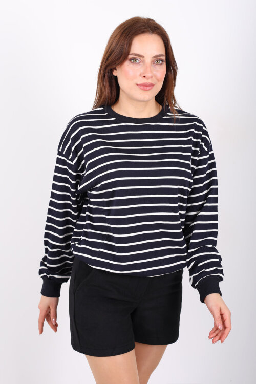 Nakış Detaylı Çizgili Kadın Lacivert Sweatshirt - 4