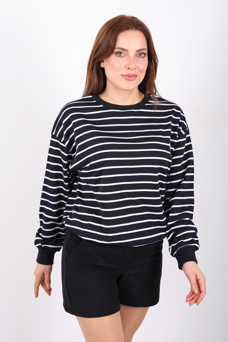 Nakış Detaylı Çizgili Kadın Lacivert Sweatshirt - 4