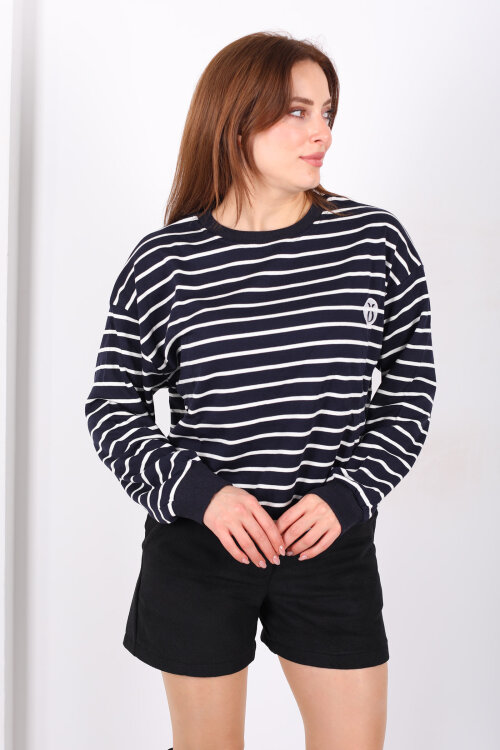 Nakış Detaylı Çizgili Kadın Lacivert Sweatshirt - Berox