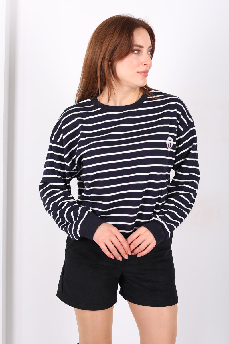 Nakış Detaylı Çizgili Kadın Lacivert Sweatshirt - 1