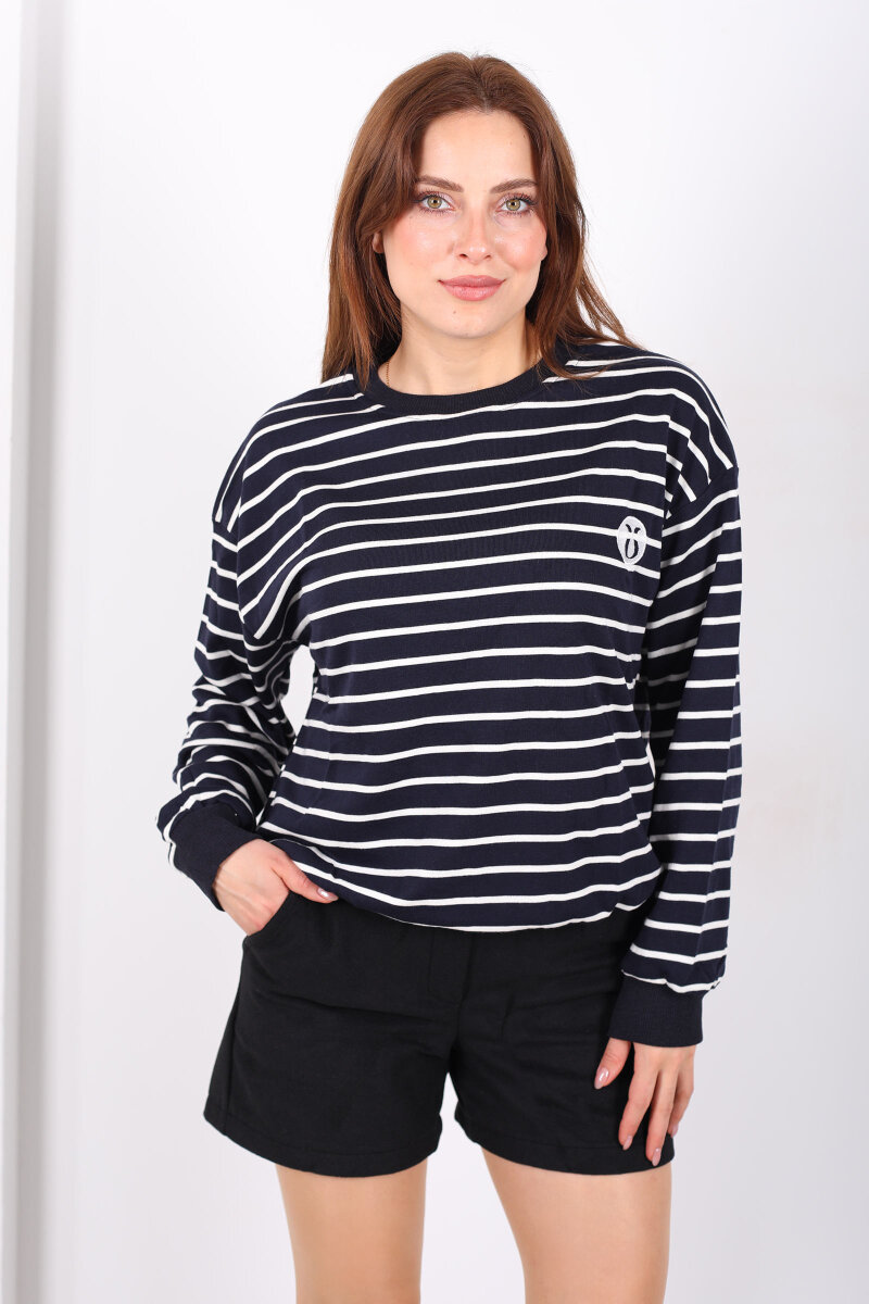 Nakış Detaylı Çizgili Kadın Lacivert Sweatshirt - 3