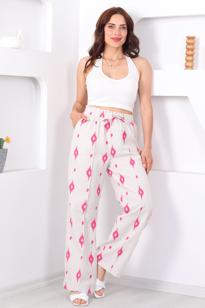 Nakışlı Beli Lastikli Pembe Kadın Çimalı Keten Pantolon - 5