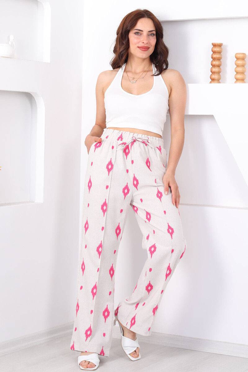 Nakışlı Beli Lastikli Pembe Kadın Çimalı Keten Pantolon - 1