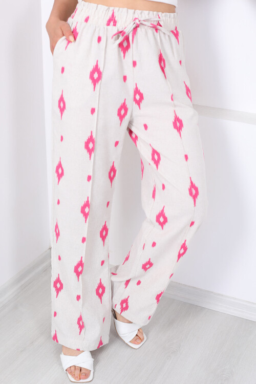 Nakışlı Beli Lastikli Pembe Kadın Çimalı Keten Pantolon - 2