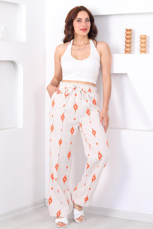 Nakışlı Beli Lastikli Turuncu Kadın Çimalı Keten Pantolon - 5