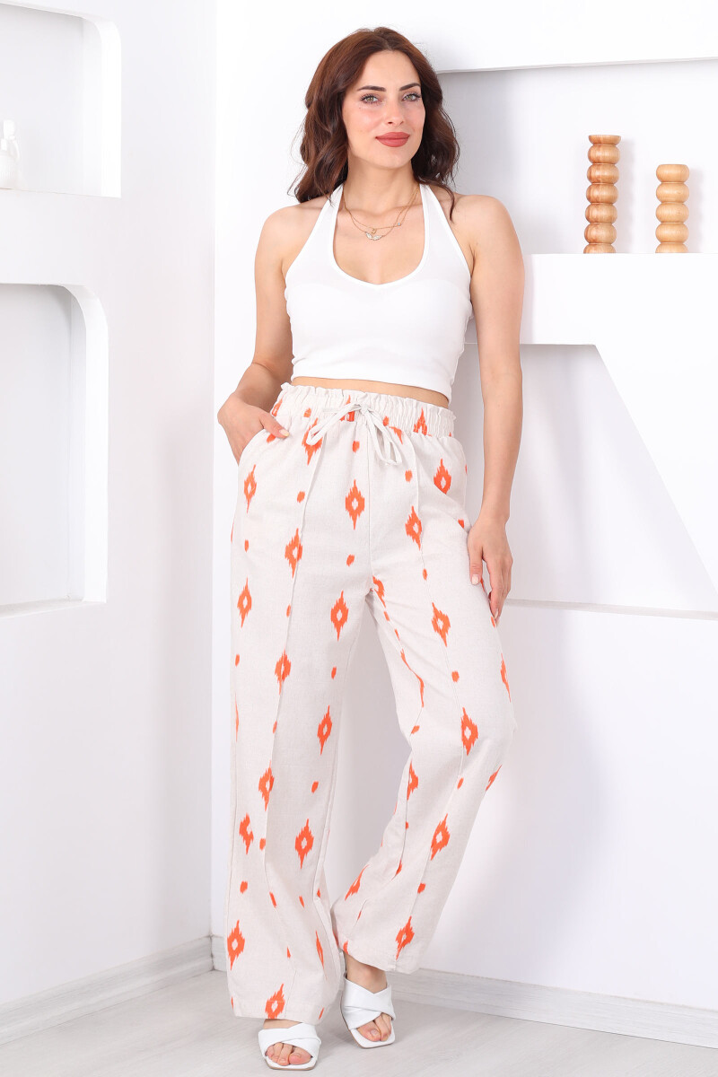 Nakışlı Beli Lastikli Turuncu Kadın Çimalı Keten Pantolon - 5