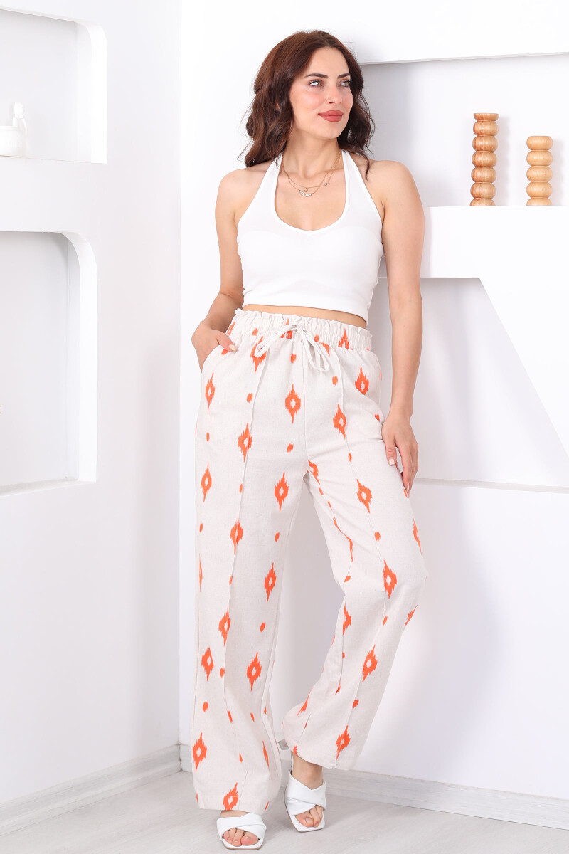 Nakışlı Beli Lastikli Turuncu Kadın Çimalı Keten Pantolon - 1