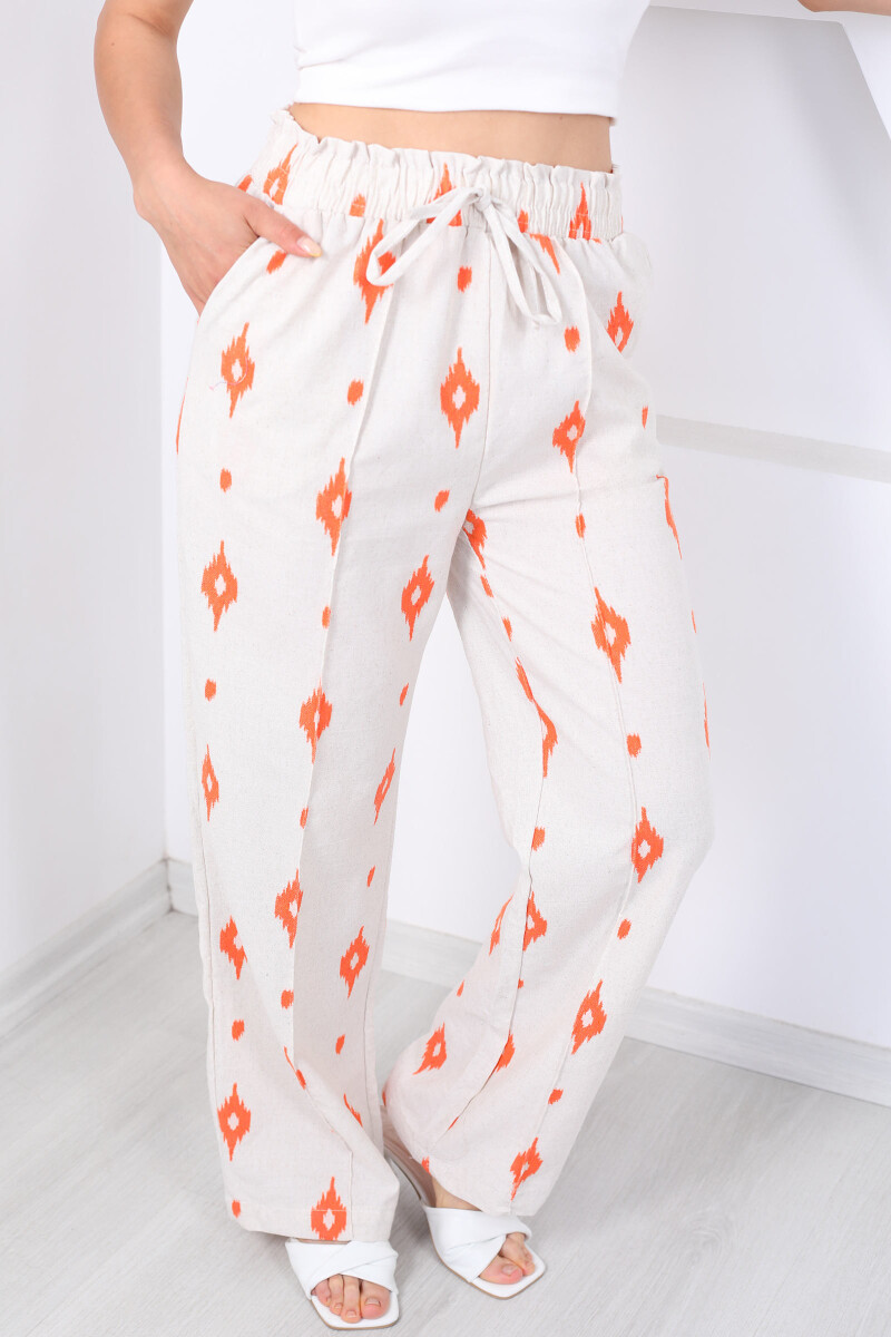 Nakışlı Beli Lastikli Turuncu Kadın Çimalı Keten Pantolon - 2