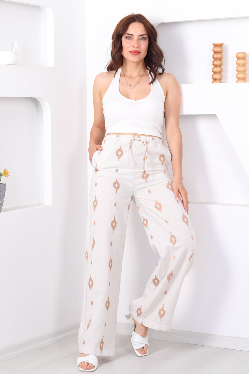 Nakışlı Beli Lastikli Vizon Kadın Keten Pantolon - 4