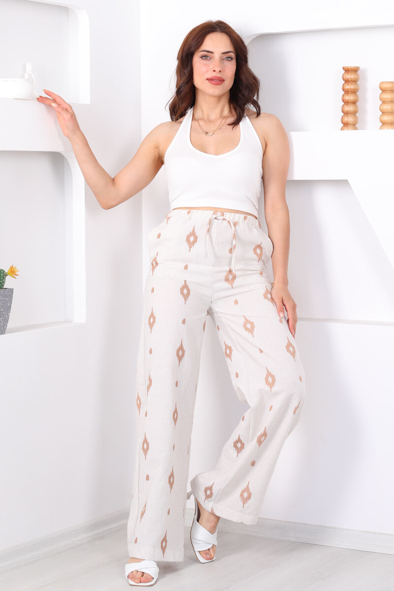 Nakışlı Beli Lastikli Vizon Kadın Keten Pantolon - 1