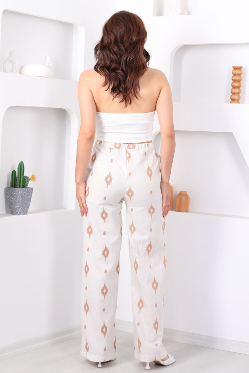Nakışlı Beli Lastikli Vizon Kadın Keten Pantolon - 5
