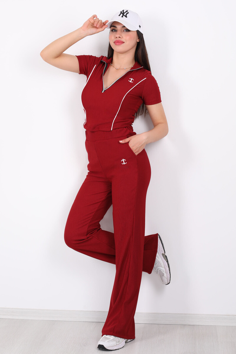 Nakışlı Fermuarlı Bordo Kadın Takım - 1