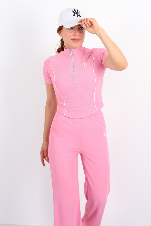 Nakışlı Fermuarlı Pembe Kadın Takım - 7