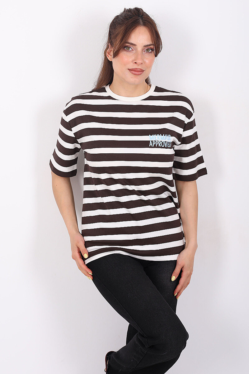 Nakışlı Kalın Çizgili Oversize Kahverengi Kadın T-Shirt - 5