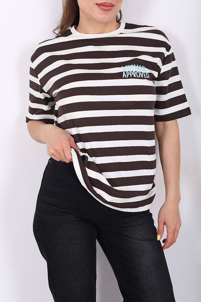 Nakışlı Kalın Çizgili Oversize Kahverengi Kadın T-Shirt - 2