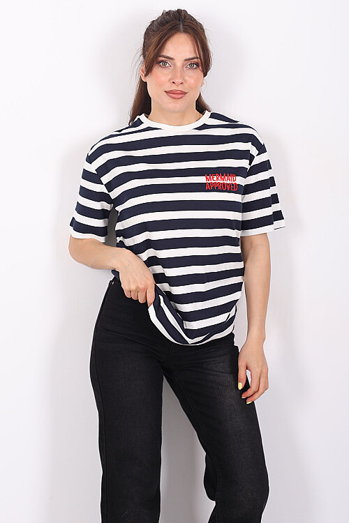 Nakışlı Kalın Çizgili Oversize Lacivert Kadın T-Shirt - 5