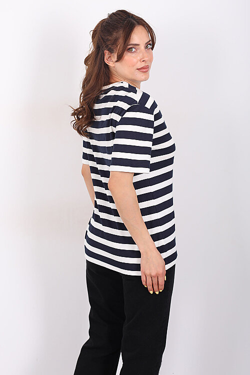 Nakışlı Kalın Çizgili Oversize Lacivert Kadın T-Shirt - Berox (1)