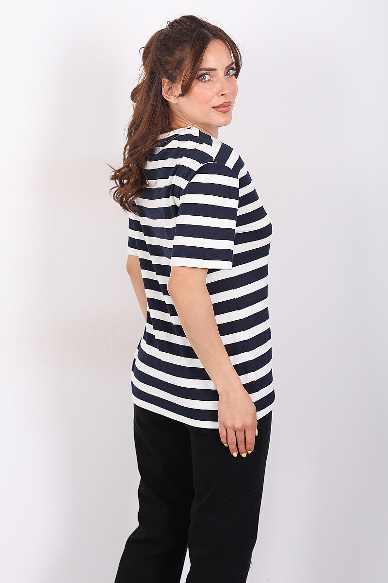 Nakışlı Kalın Çizgili Oversize Lacivert Kadın T-Shirt - 2