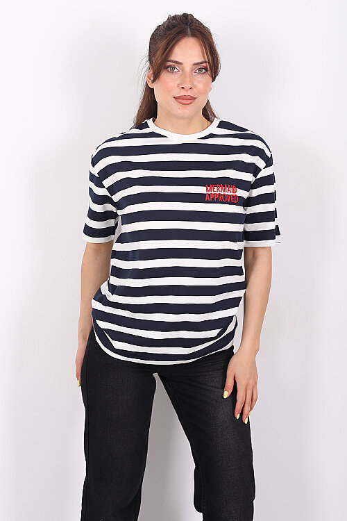 Nakışlı Kalın Çizgili Oversize Lacivert Kadın T-Shirt - 4