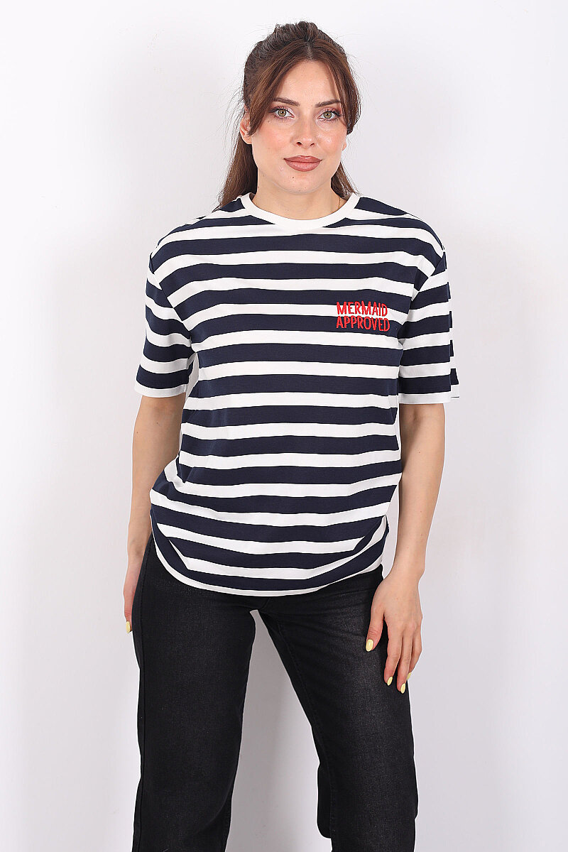 Nakışlı Kalın Çizgili Oversize Lacivert Kadın T-Shirt - 4