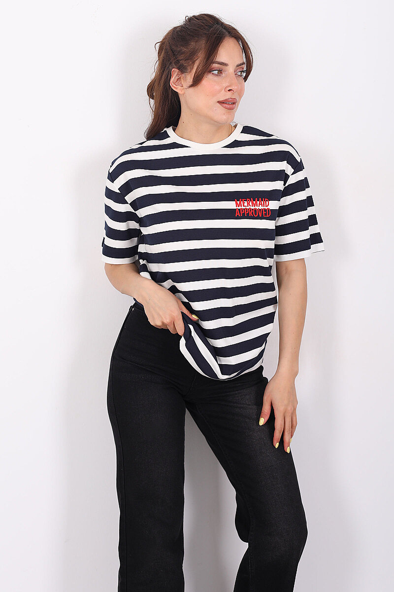 Nakışlı Kalın Çizgili Oversize Lacivert Kadın T-Shirt - 1