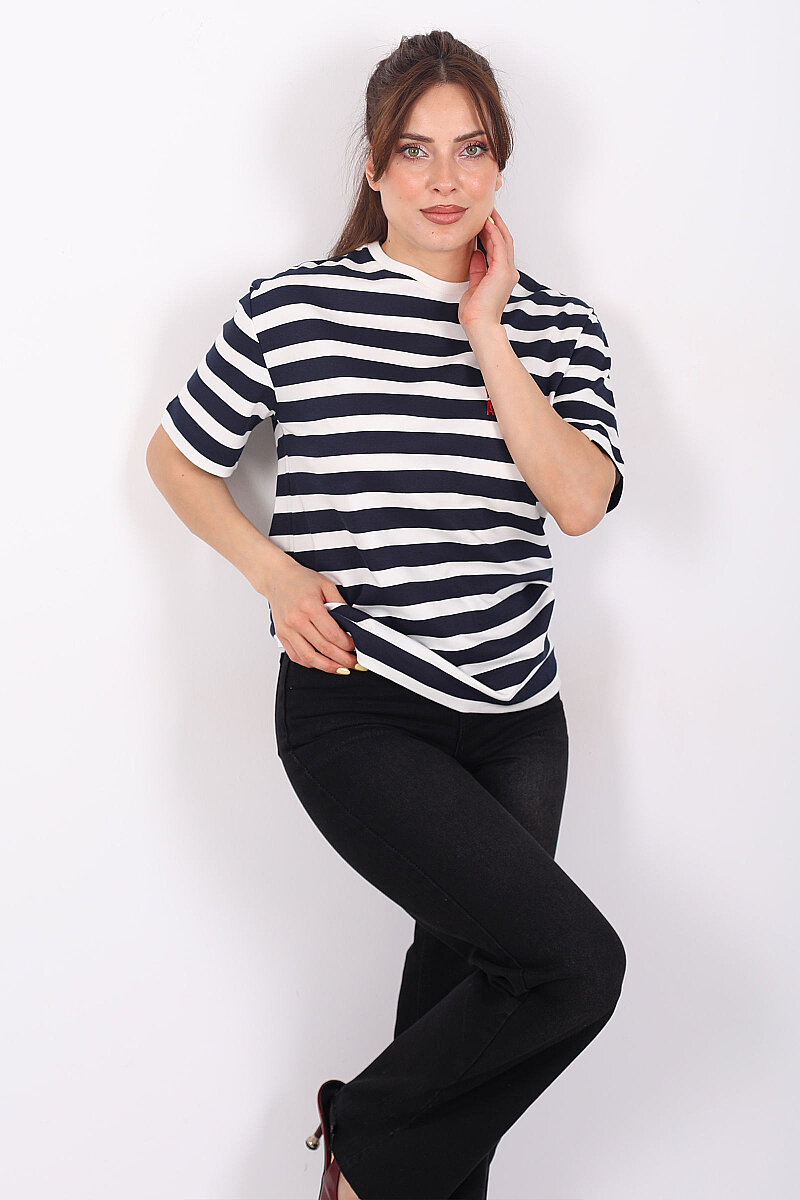 Nakışlı Kalın Çizgili Oversize Lacivert Kadın T-Shirt - 3