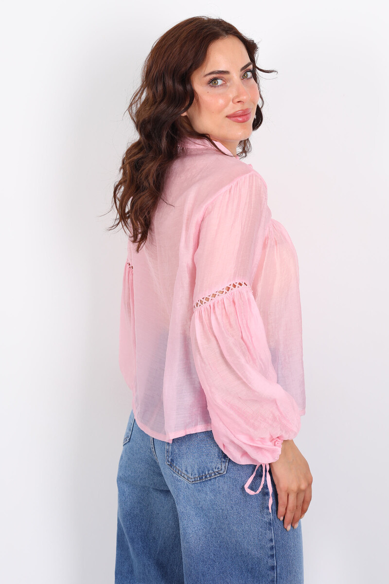 Nakışlı Kolu Yakası Bağcıklı Delikli Oversize Pembe Kadın Bluz - 2