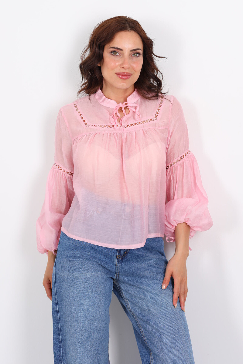 Nakışlı Kolu Yakası Bağcıklı Delikli Oversize Pembe Kadın Bluz - 3