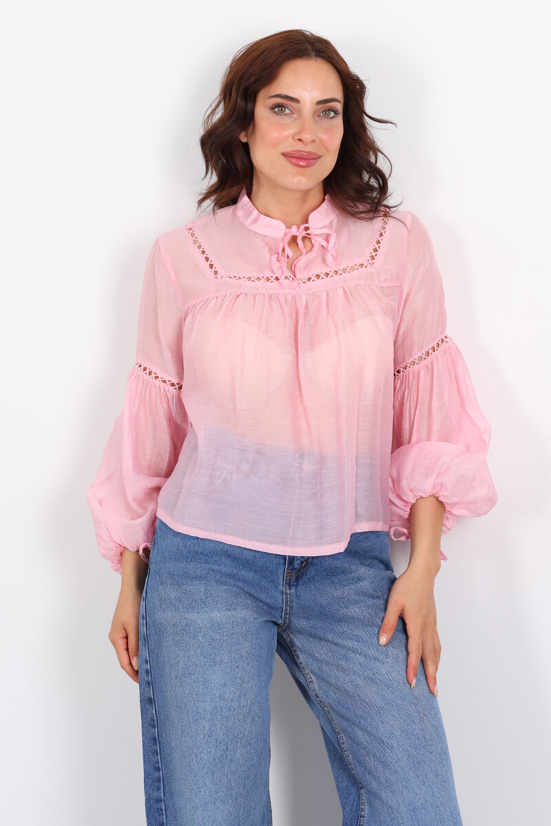 Nakışlı Kolu Yakası Bağcıklı Delikli Oversize Pembe Kadın Bluz - 4