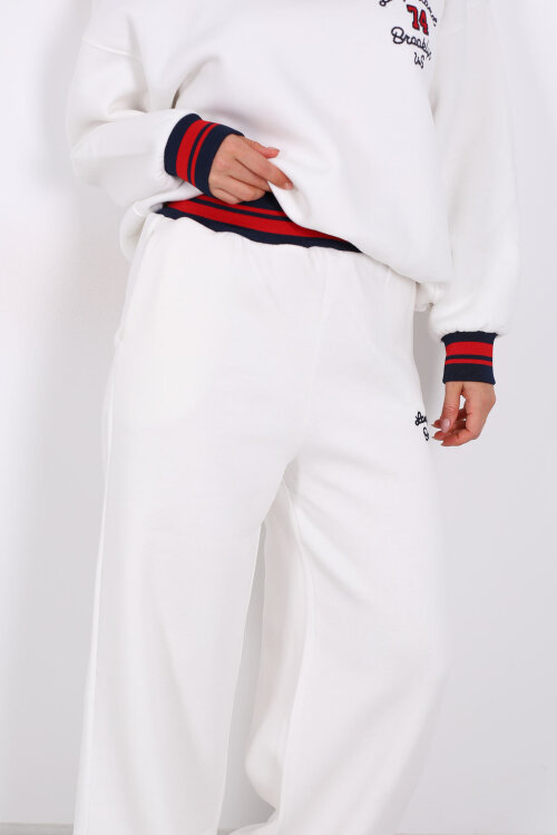 Nakışlı Üç İp Bol Paça Beyaz Kadın Takım - 5